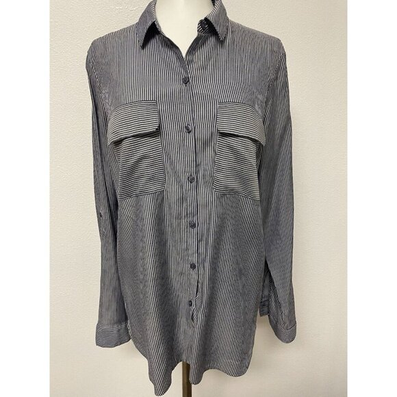 Express Tops - Express Womens Blouse Size Md Button Up Roll Tab Sleeve Grey/White Stripe
